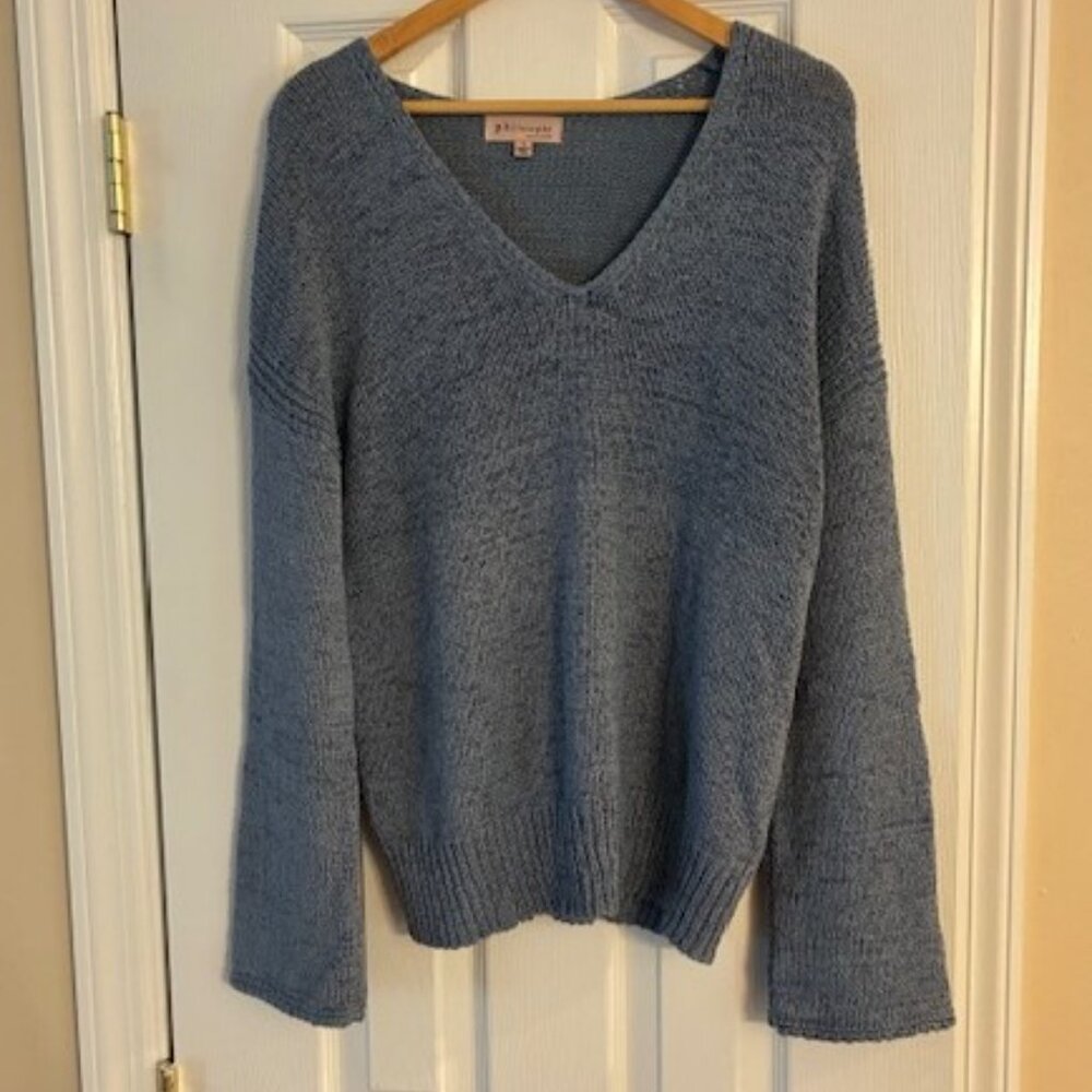 Philosophy Women's Blue Loose Knit Cotton Blend Long Sleeve VNeck Sweater Size L
